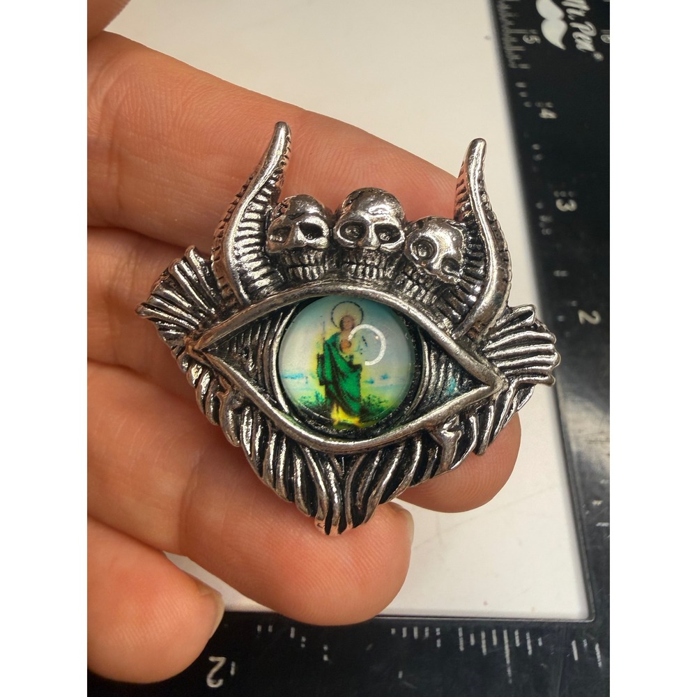 Gothic Skull Eye Brooch Silver Tone Saint Jude Religious Cabochon Pin Macabre